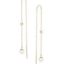Zoë Chicco 14K Yellow Gold, 4MM Pearl & Diamond Long Threader Earrings