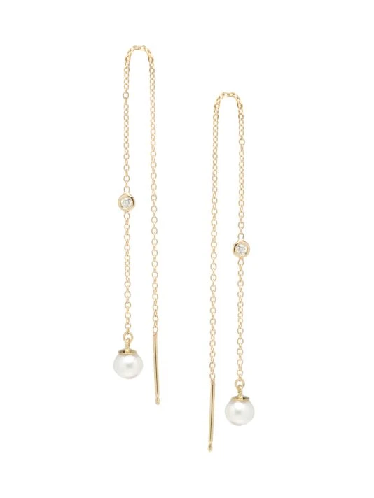 Zoë Chicco 14K Yellow Gold, 4MM Pearl & Diamond Long Threader Earrings 3 Zoë Chicco 14K Yellow Gold, 4MM Pearl & Diamond Long Threader Earrings